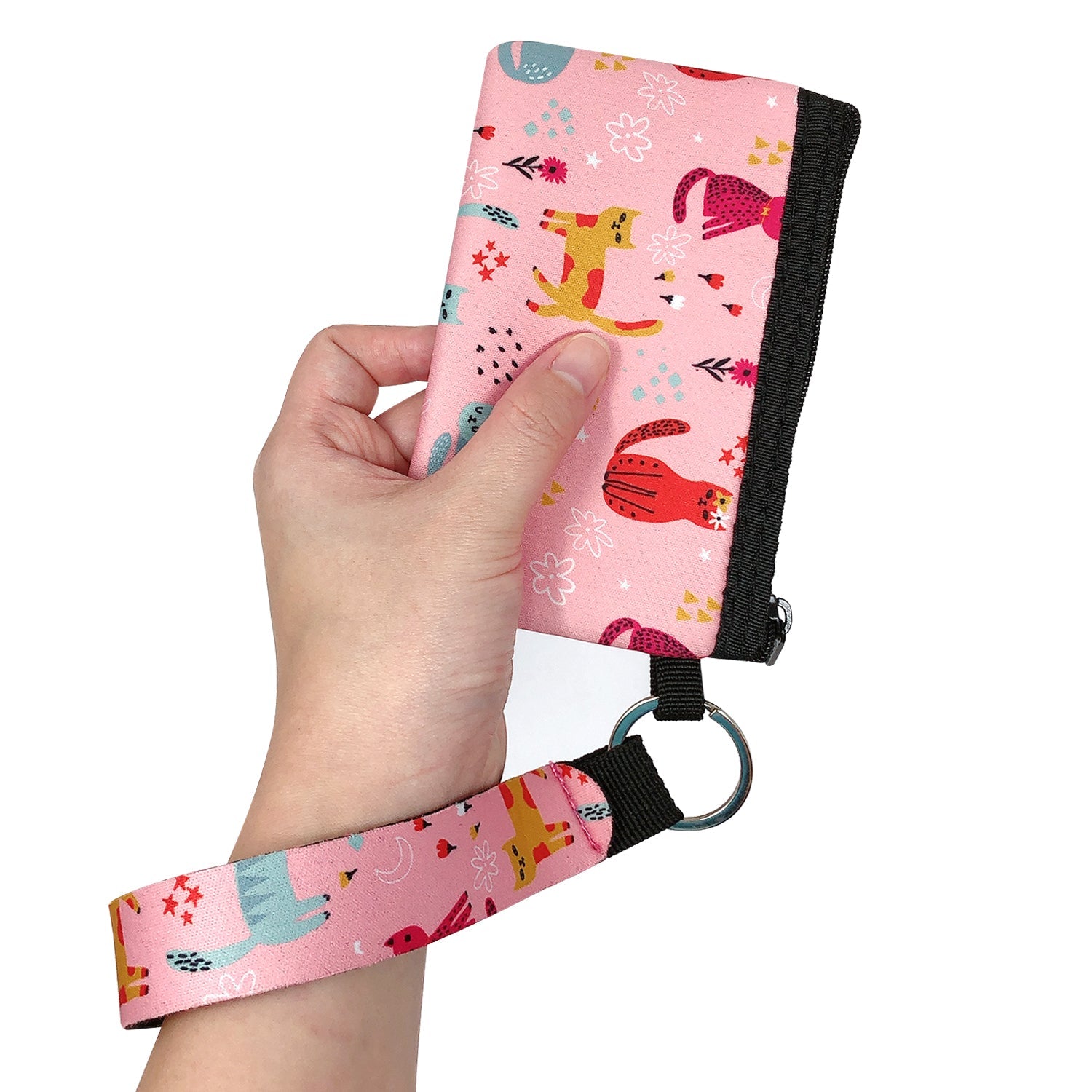 Wrapables Neoprene Mini Wristlet Wallet / Credit Card ID Holder with Lanyard, Pink Kitties