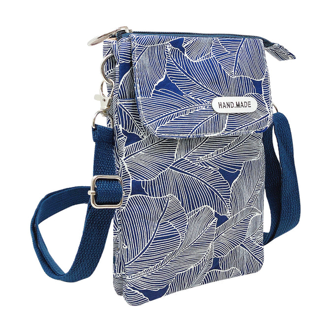 Wrapables Mini Crossbody Cell Phone Bag, Navy Leaves