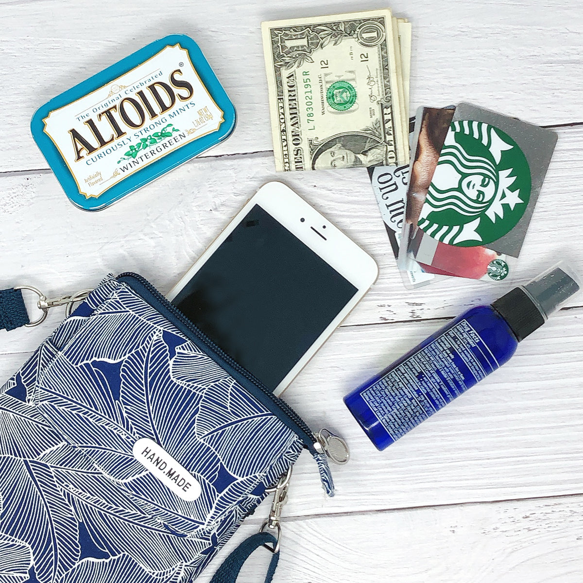 Wrapables Mini Crossbody Cell Phone Bag, Navy Leaves