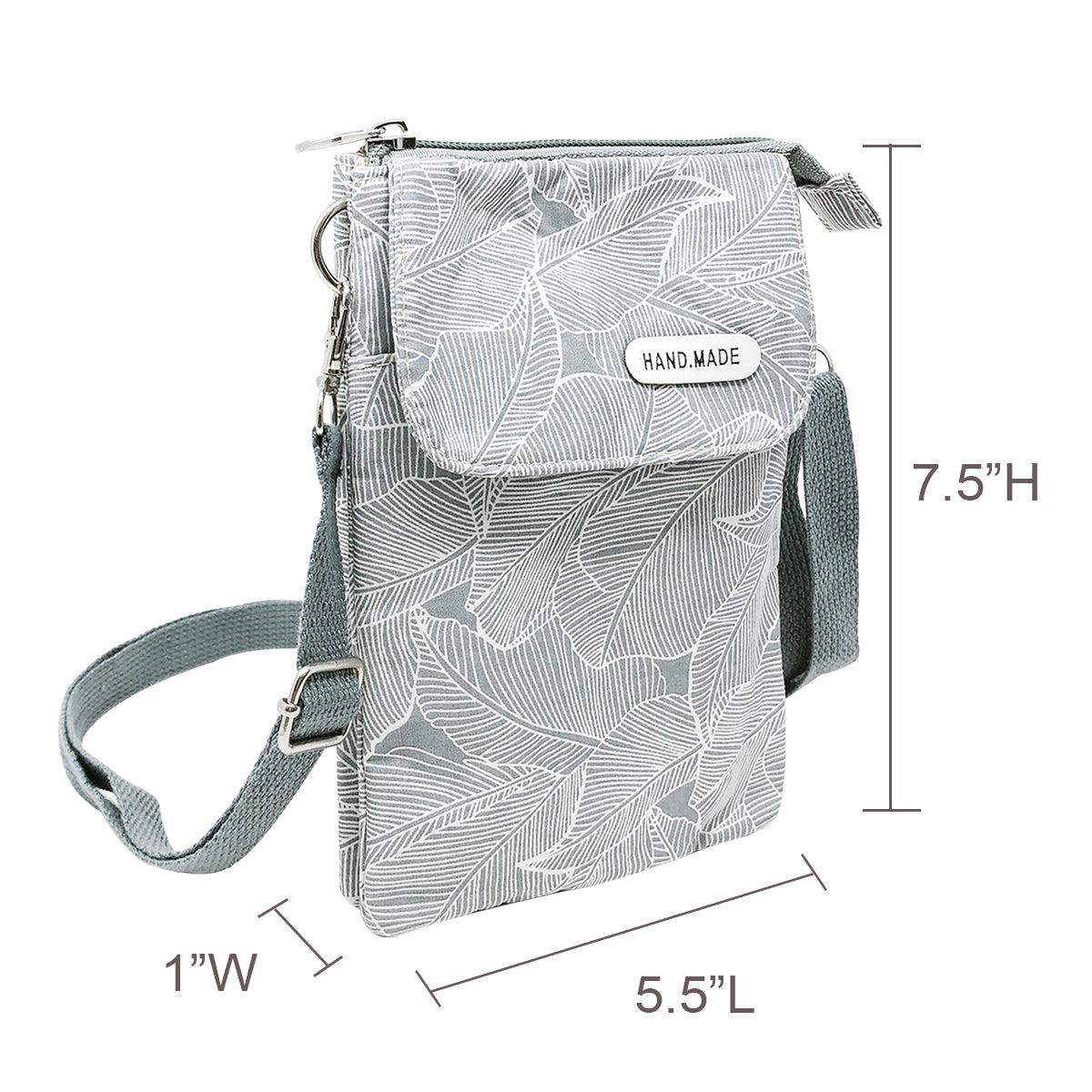 Wrapables Mini Crossbody Cell Phone Bag, Gray Leaves