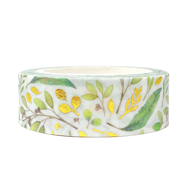 Wrapables Gold and Silver Foil Washi Masking Tape, Sprig Leaves, 15mm x 5M