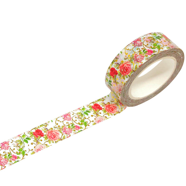 Wrapables Gold and Silver Foil Washi Masking Tape, Elegant Roses, 15mm x 5M