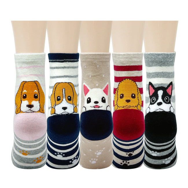 Wrapables Novelty Animal Print Crew Socks (Set of 5), Lovable Puppies