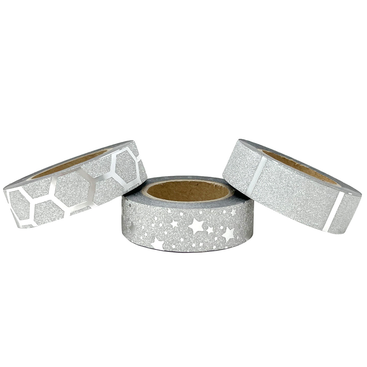 Wrapables Glitter and Shine Washi Tapes Decorative Masking Tapes (Set of 3), Silver Glitter Stars