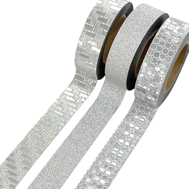 Wrapables Glitter and Shine Washi Tapes Decorative Masking Tapes (Set of 3), Silver Glitz and Glitter