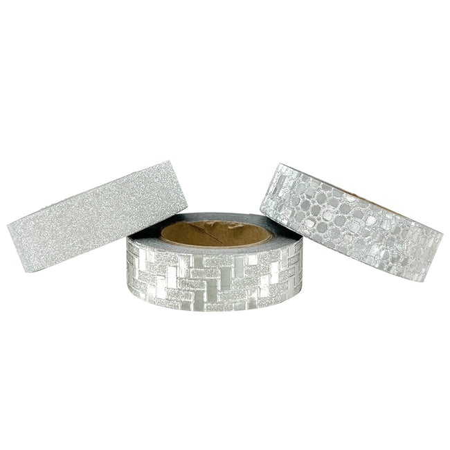 Wrapables Glitter and Shine Washi Tapes Decorative Masking Tapes (Set of 3), Silver Glitz and Glitter