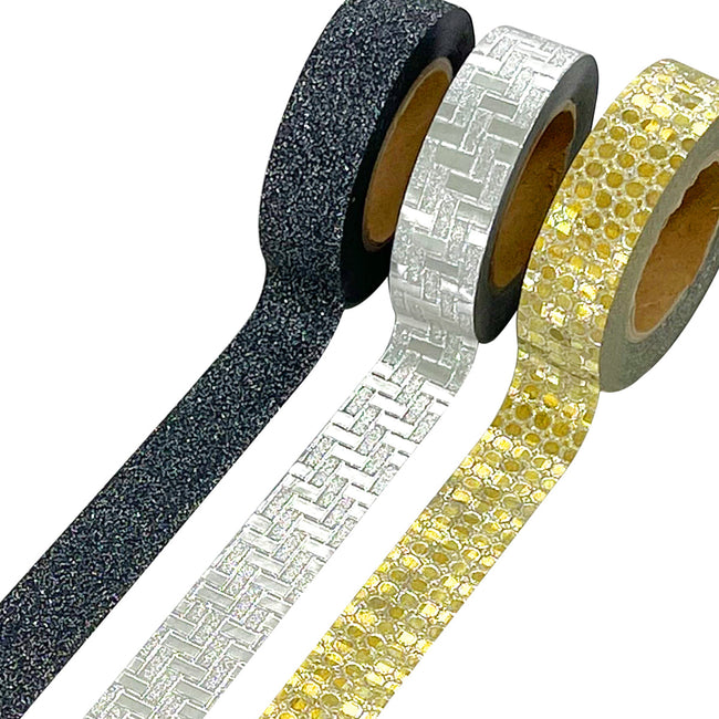 Wrapables Glitter and Shine Washi Tapes Decorative Masking Tapes (Set of 3), Onyx Glitz and Glitter