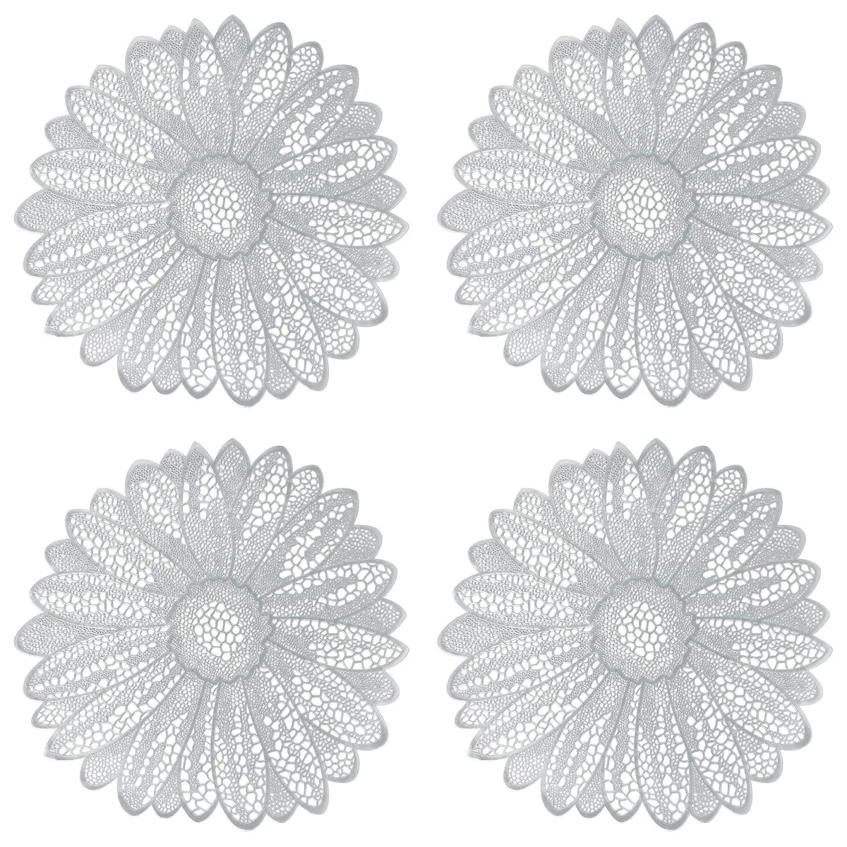 Wrapables Vinyl Metallic Colored Placemats for Weddings, Parties, Special Events (Set of 4), Silver Daisy