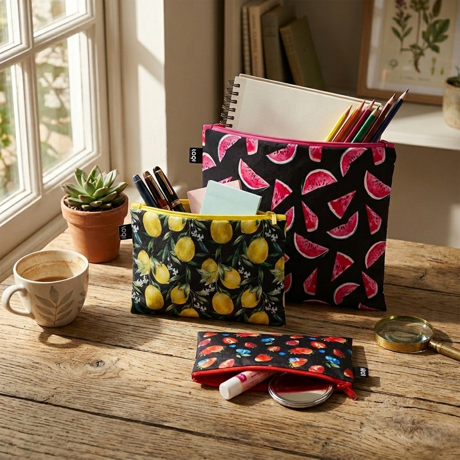 LOQI Juicy Strawberries, Lemons, Watermelons Zip Pockets