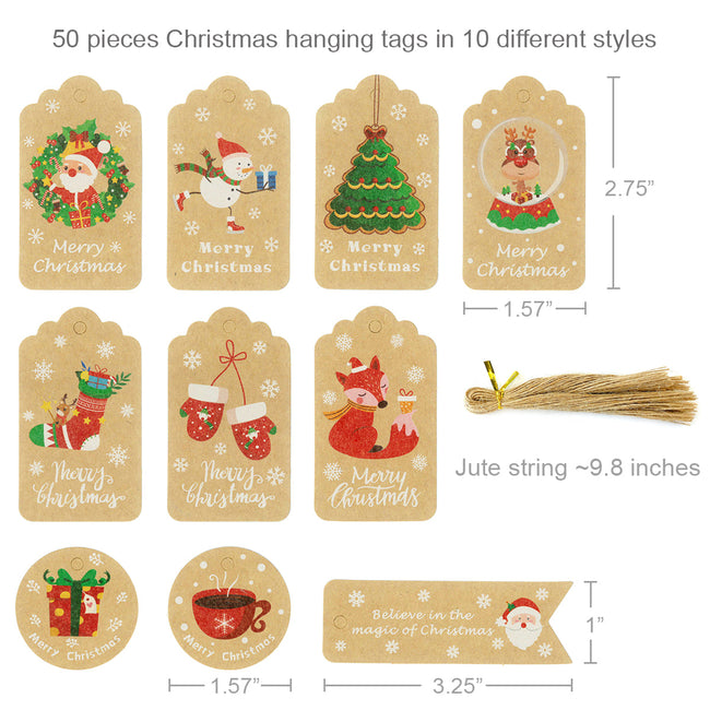 Wrapables Christmas Holiday Gift Tags/Kraft Hang Tags with Jute Strings for Gift-Wrapping, DIY, Arts & Crafts, (50pcs) Holiday Assortment