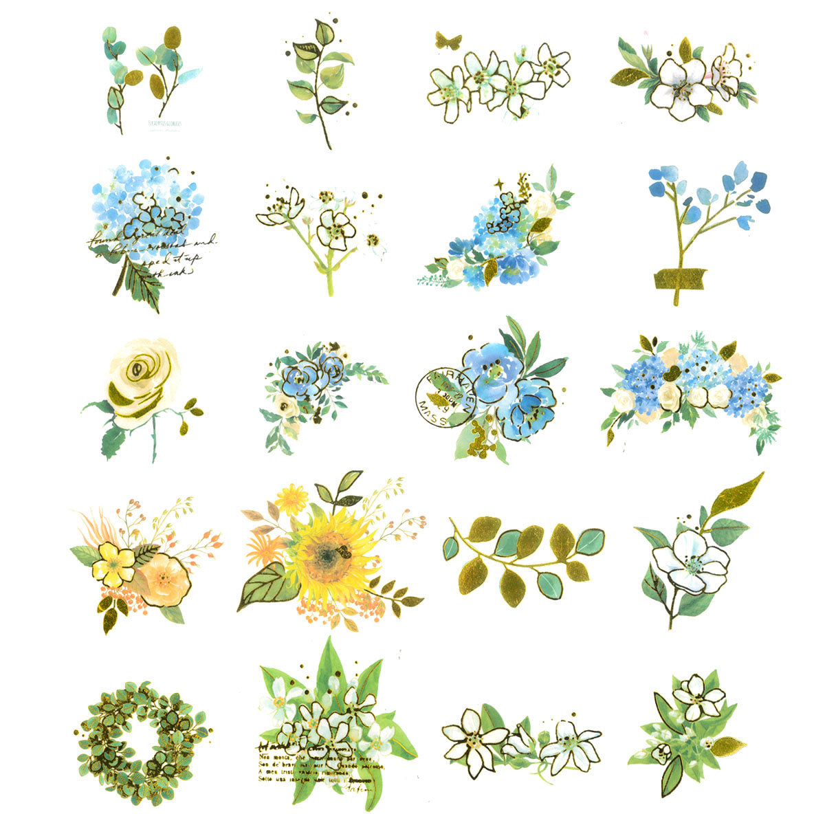 Wrapables Decorative Scrapbooking Washi Stickers, DIY Crafts for Stationery, Diary, Card Making (60 pcs), Gold Foil 5 (Morning Dew Flowers)