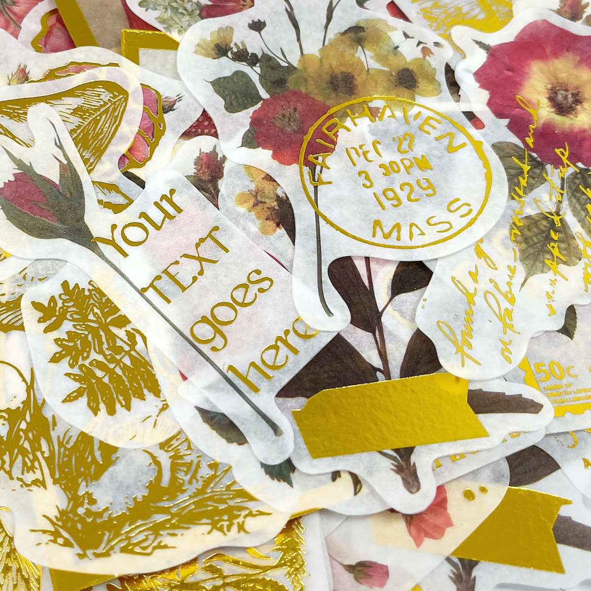Wrapables Decorative Scrapbooking Washi Stickers, DIY Crafts for Stationery, Diary, Card Making (60 pcs), Gold Foil 7 (Flowers & Mushrooms)