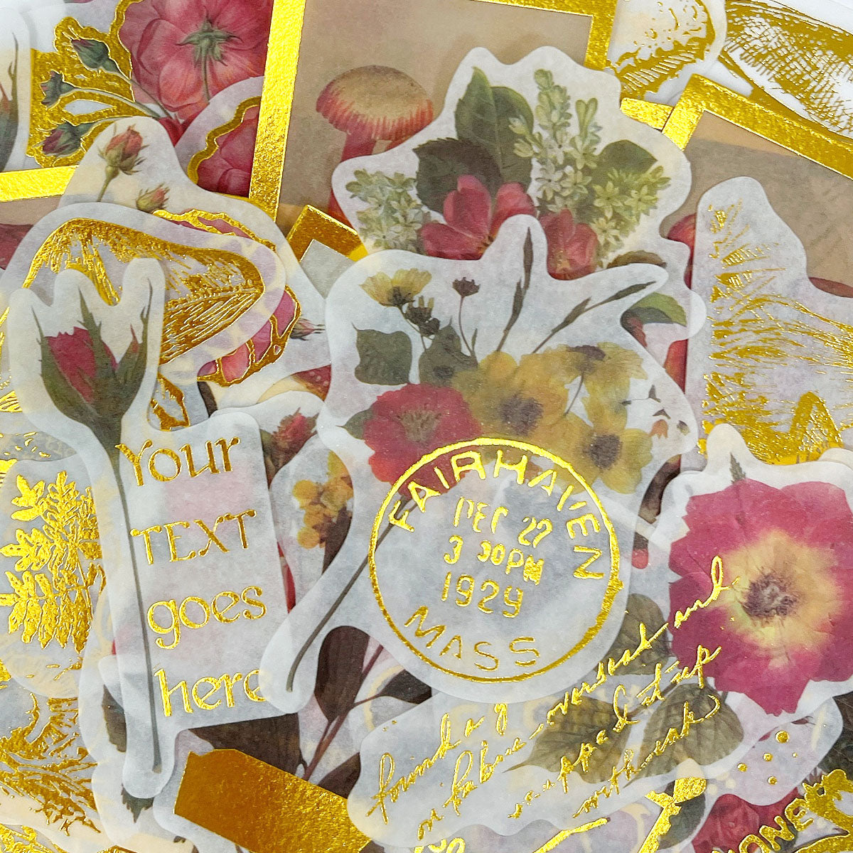 Wrapables Decorative Scrapbooking Washi Stickers, DIY Crafts for Stationery, Diary, Card Making (60 pcs), Gold Foil 7 (Flowers & Mushrooms)