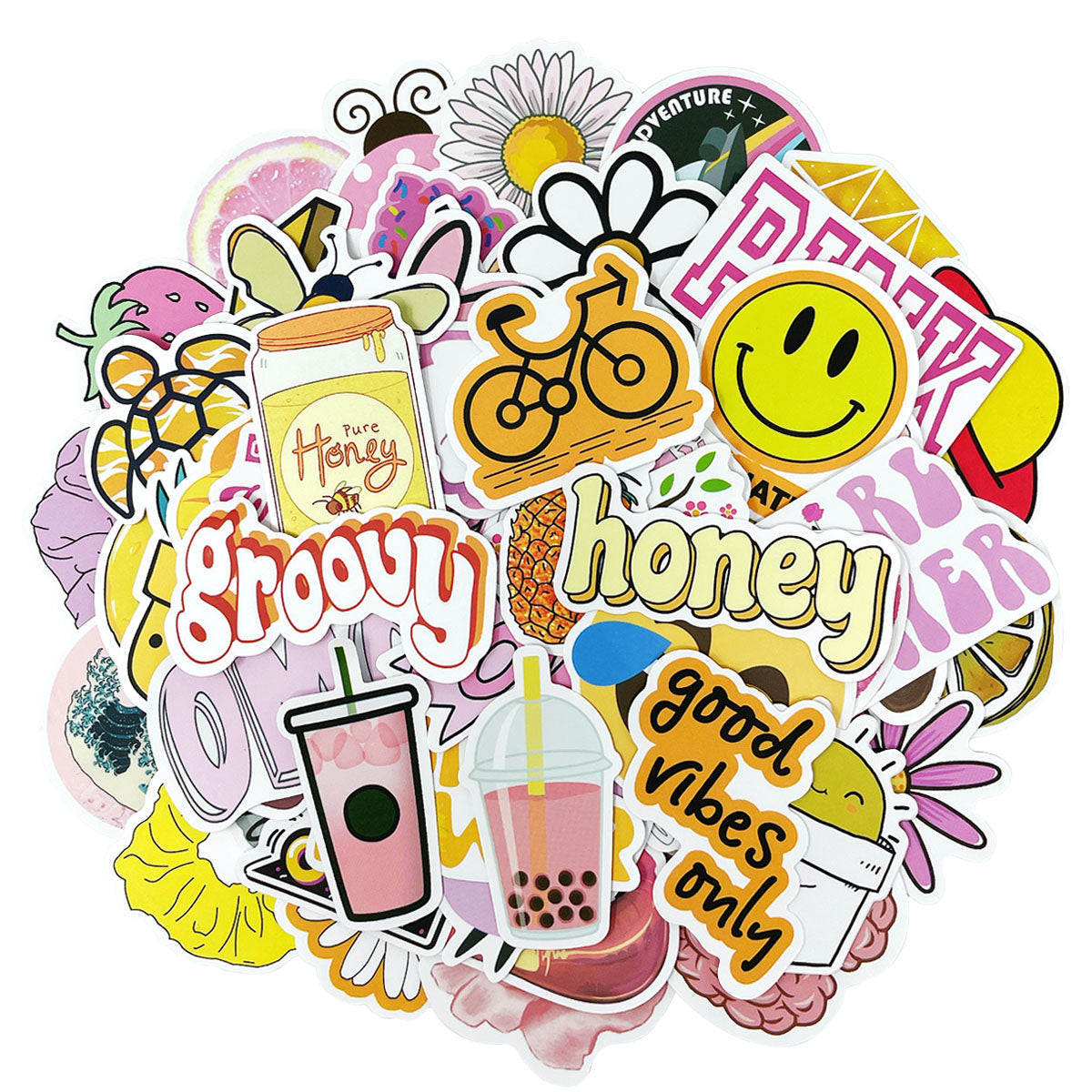 Wrapables Waterproof Vinyl Stickers for Water Bottles, Laptop, Phones, Skateboards, Decals for Teens, 100pcs, Groovy Pink & Yellow