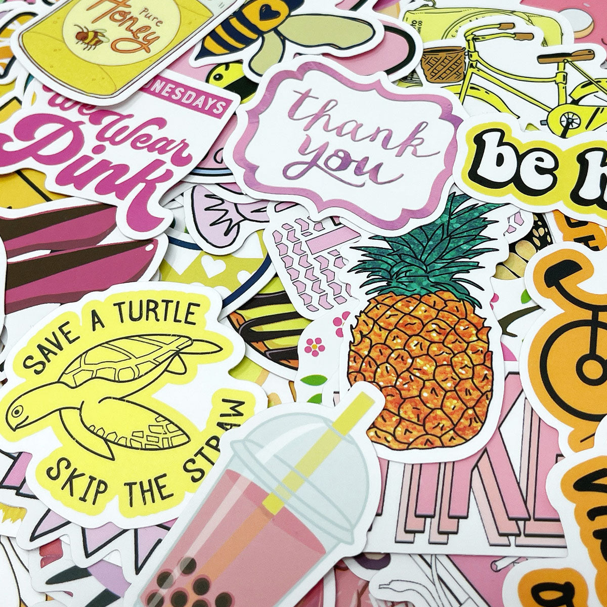 Wrapables Waterproof Vinyl Stickers for Water Bottles, Laptop, Phones, Skateboards, Decals for Teens, 100pcs, Groovy Pink & Yellow