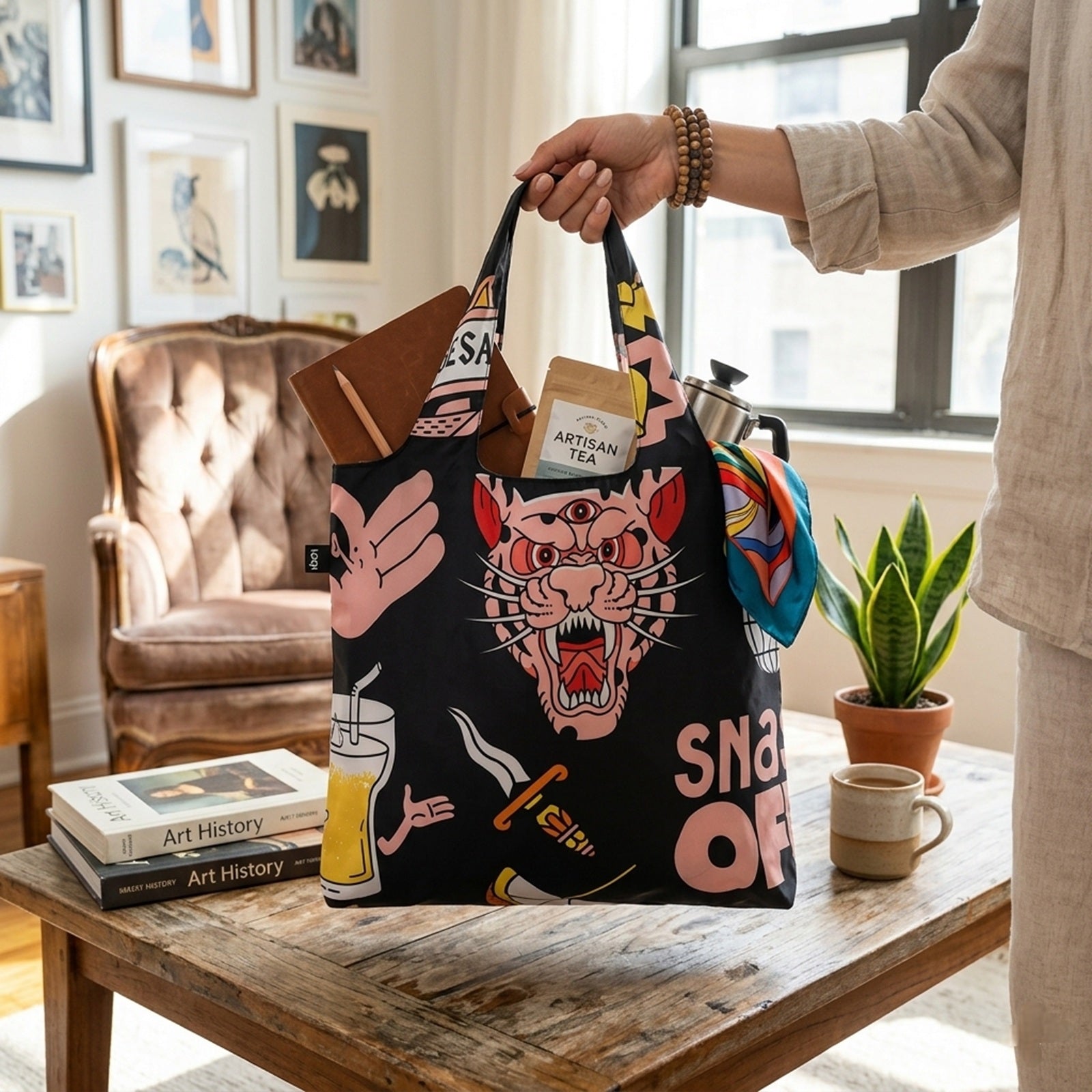 LOQI Artist Snask Tiger Snake Beer Black Reusable Shopping Bag