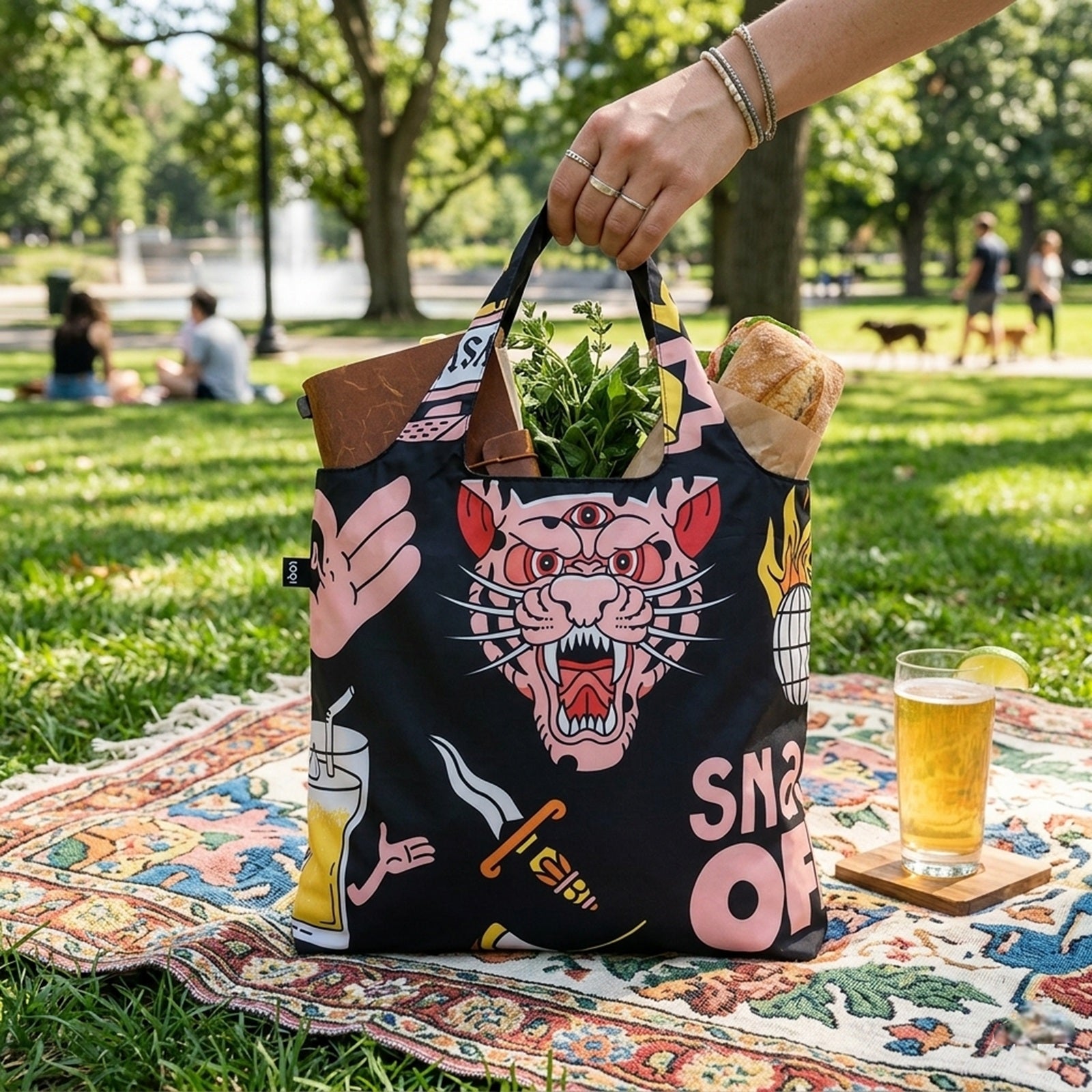 LOQI Artist Snask Tiger Snake Beer Black Reusable Shopping Bag