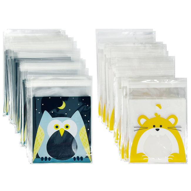 Wrapables Transparent Self-Adhesive 4" x 4" Candy and Cookie Bags, Favor Treat Bags for Parties and Wedding (200pcs), Owl & Squirrel