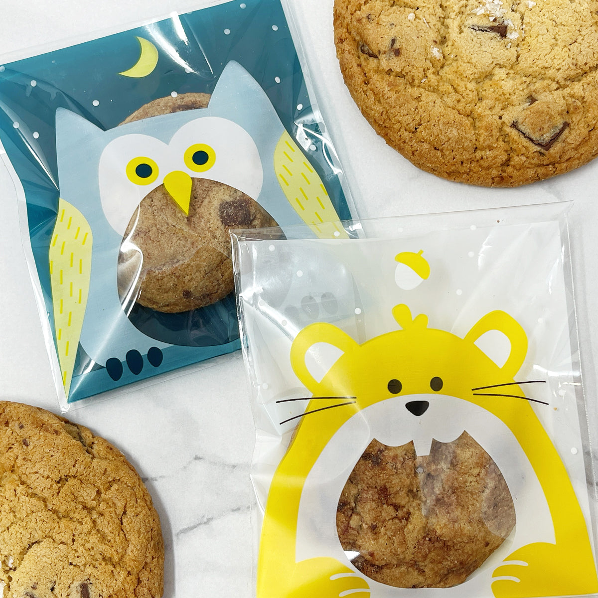 Wrapables Transparent Self-Adhesive 4" x 4" Candy and Cookie Bags, Favor Treat Bags for Parties and Wedding (200pcs), Owl & Squirrel