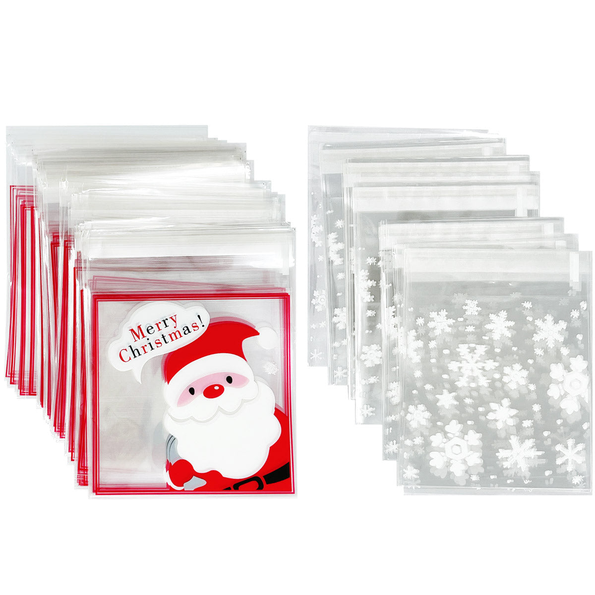 Wrapables Transparent Self-Adhesive 4" x 4" Candy and Cookie Bags, Favor Treat Bags for Parties and Wedding (200pcs), Snowflakes & Santa