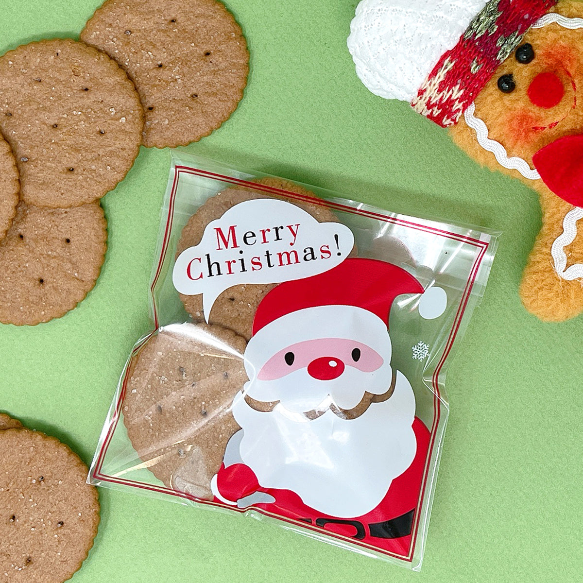 Wrapables Transparent Self-Adhesive 4" x 4" Candy and Cookie Bags, Favor Treat Bags for Parties and Wedding (200pcs), Snowflakes & Santa