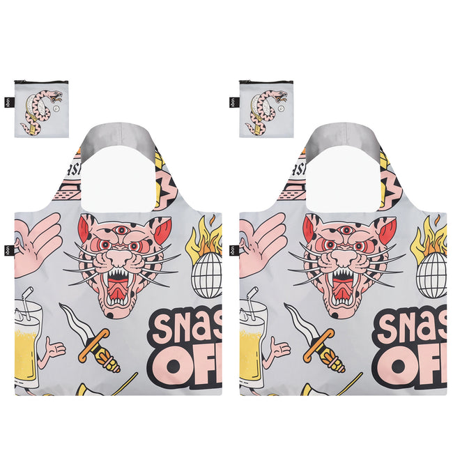 LOQI Artist Snask Tiger Snake Beer Grey Reusable Shopping Bag (Set of 2)