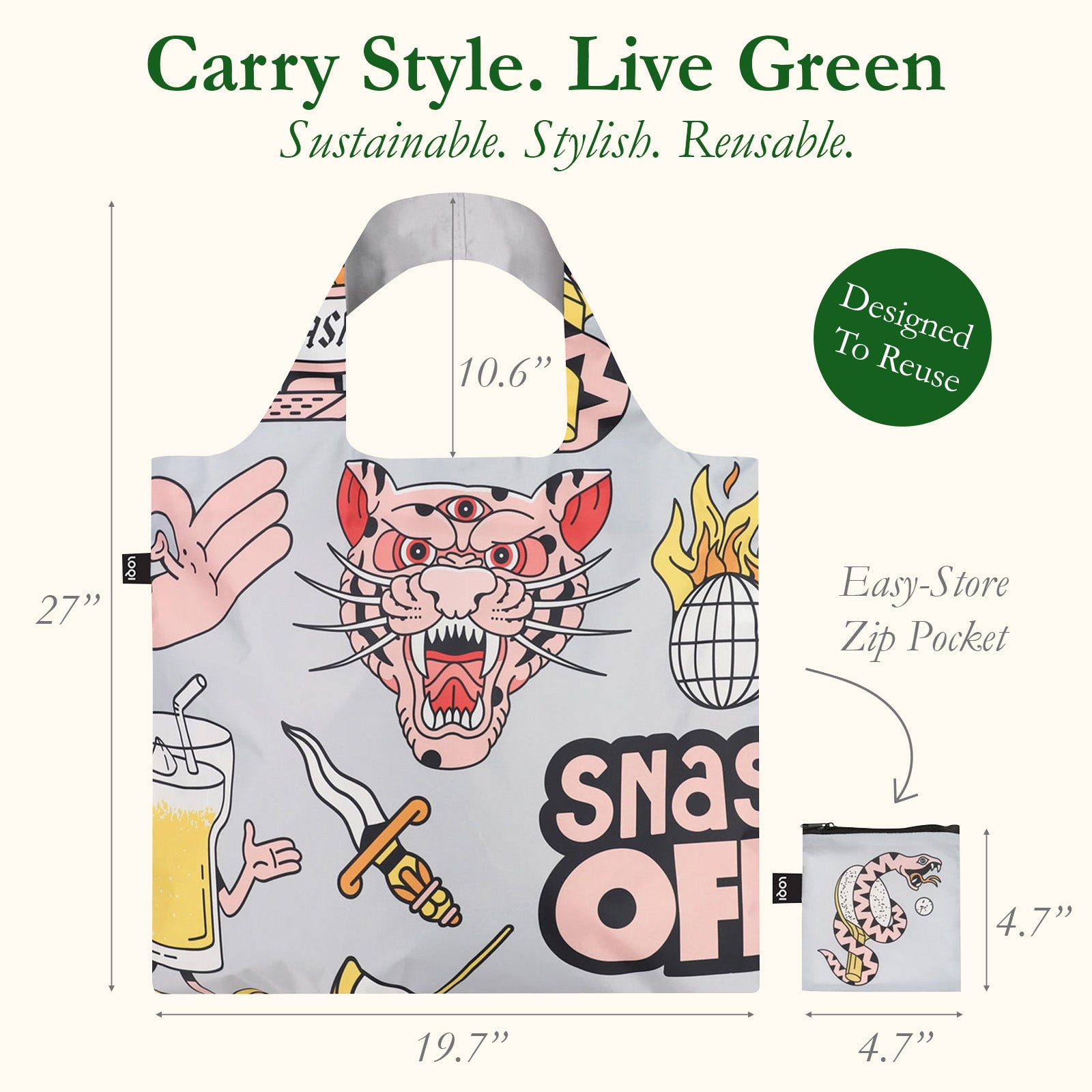 LOQI Artist Snask Tiger Snake Beer Grey Reusable Shopping Bag (Set of 2)