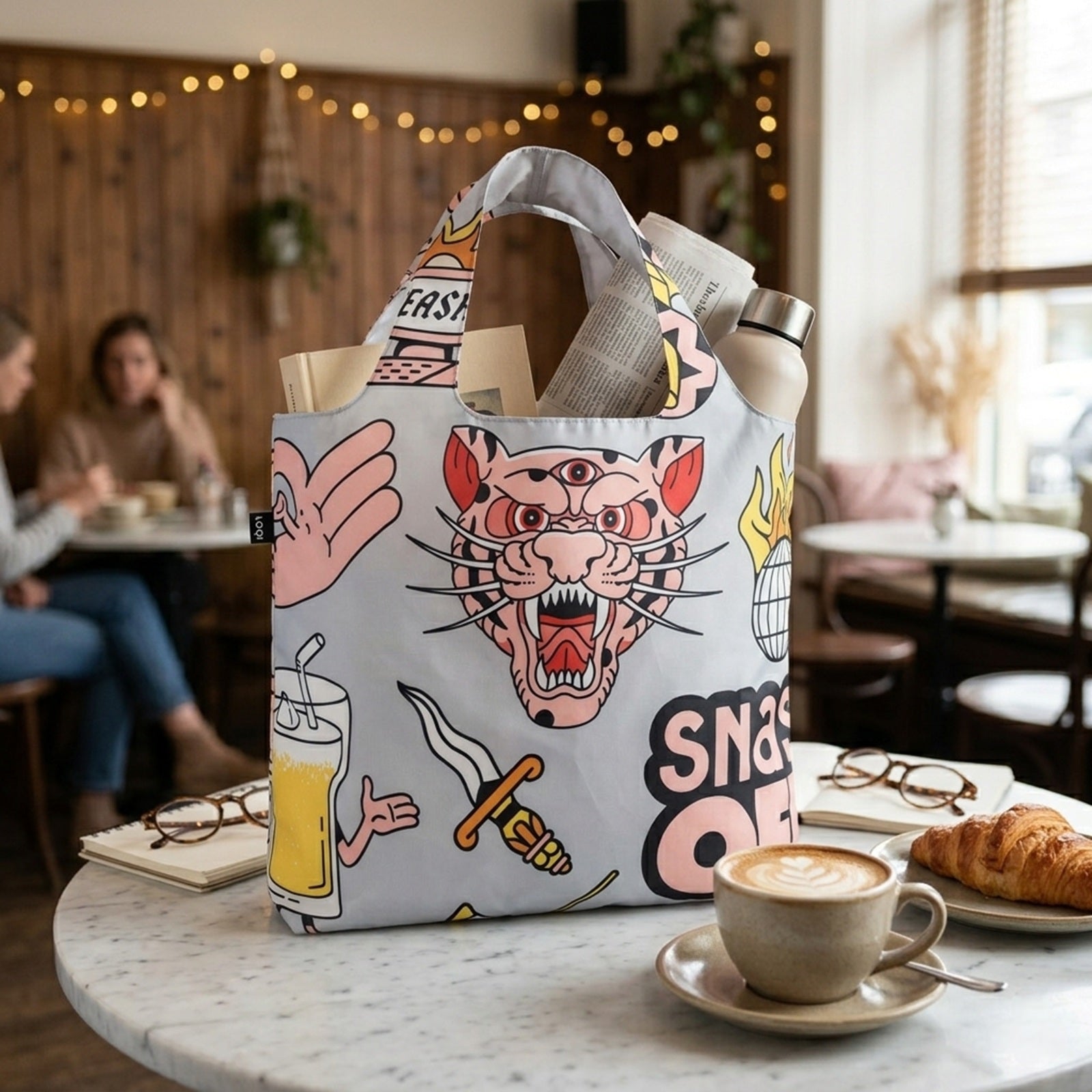 LOQI Artist Snask Tiger Snake Beer Grey Reusable Shopping Bag