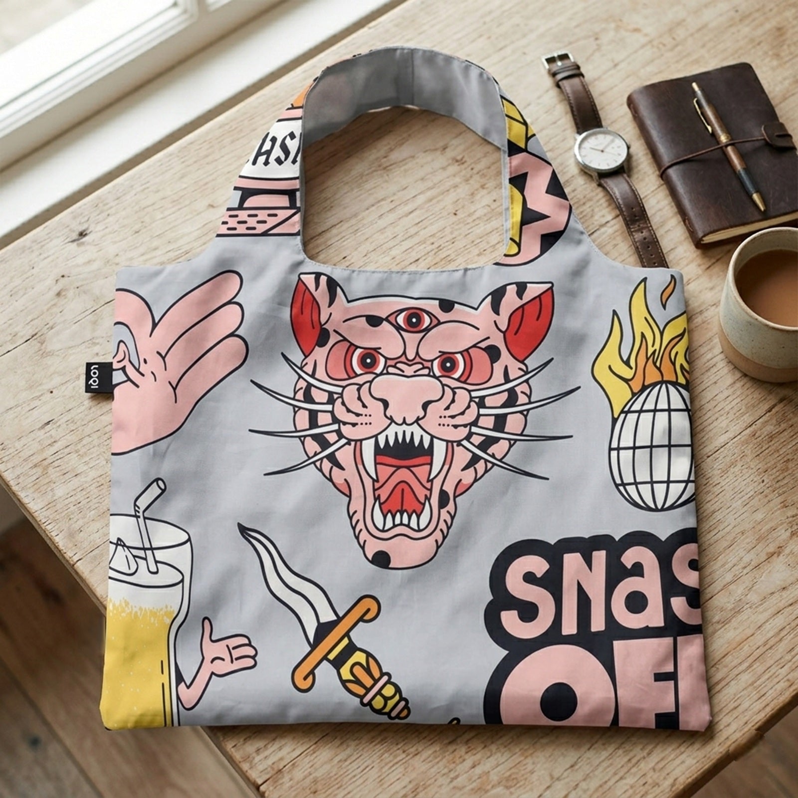LOQI Artist Snask Tiger Snake Beer Grey Reusable Shopping Bag