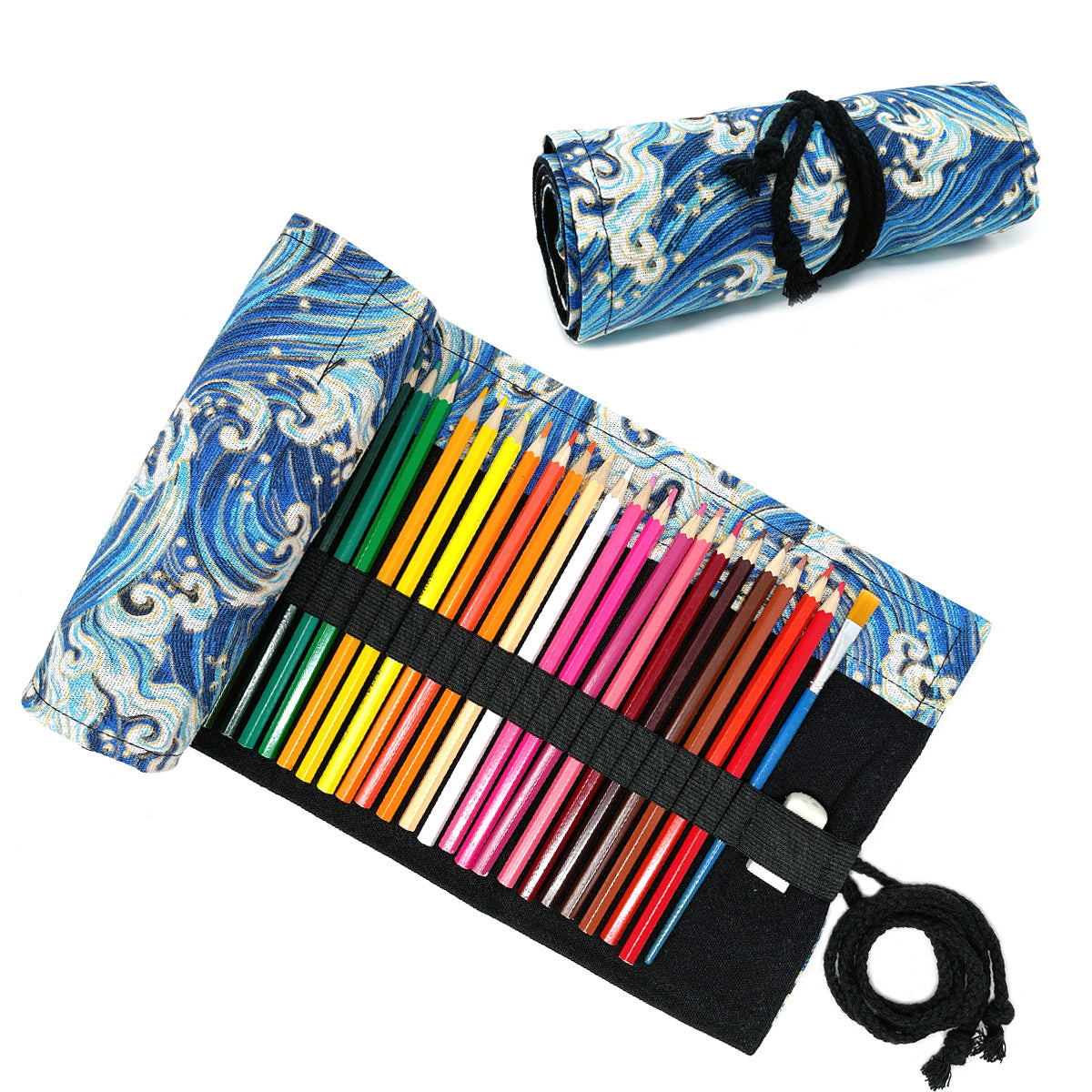 Wrapables Pencil Roll Organizer, Colored Pencil Wrap Pouch (72 slots), Blue Waves