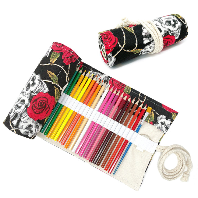 Wrapables Pencil Roll Organizer, Colored Pencil Wrap Pouch (72 slots), Skulls & Roses