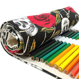 Wrapables Pencil Roll Organizer, Colored Pencil Wrap Pouch (72 slots), Skulls & Roses