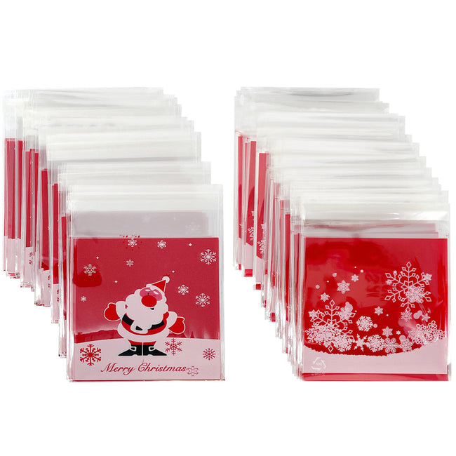 Wrapables Transparent Self-Adhesive 4" x 4" Candy and Cookie Bags, Favor Treat Bags for Parties and Wedding (200pcs), Snow Falling & Santa