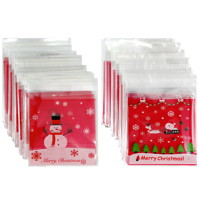 Wrapables Transparent Self-Adhesive 4" x 4" Candy and Cookie Bags, Favor Treat Bags for Parties and Wedding (200pcs), Snowman & Sleigh Ride