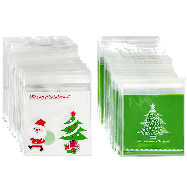 Wrapables Transparent Self-Adhesive 4" x 4" Candy and Cookie Bags, Favor Treat Bags for Parties and Wedding (200pcs), Christmas Trees