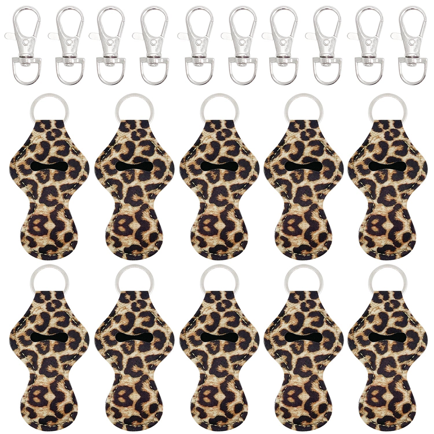 Wrapables 10 Pack Chapstick Holder Keychain with 10 Pieces Metal Clasps, Leopard