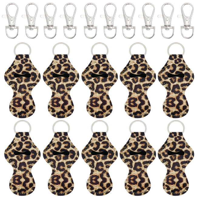 Wrapables 10 Pack Chapstick Holder Keychain with 10 Pieces Metal Clasps, Leopard