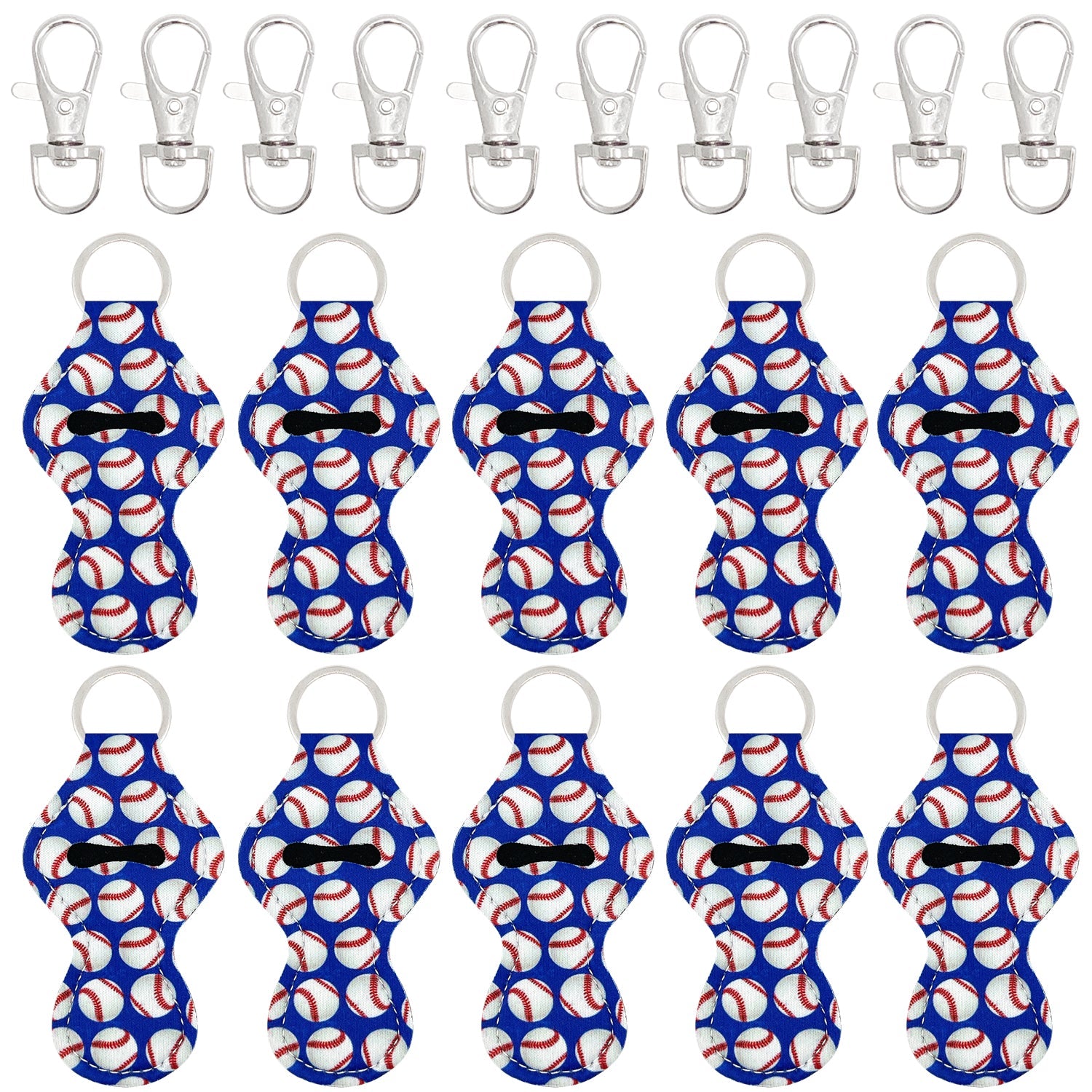 Wrapables 10 Pack Chapstick Holder Keychain with 10 Pieces Metal Clasps, Play Ball