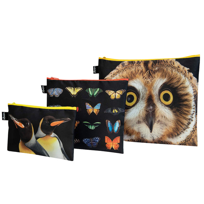 LOQI National Geographic Recycled Zip Pockets, Set of 3, Owls, Butterflies, Penguins