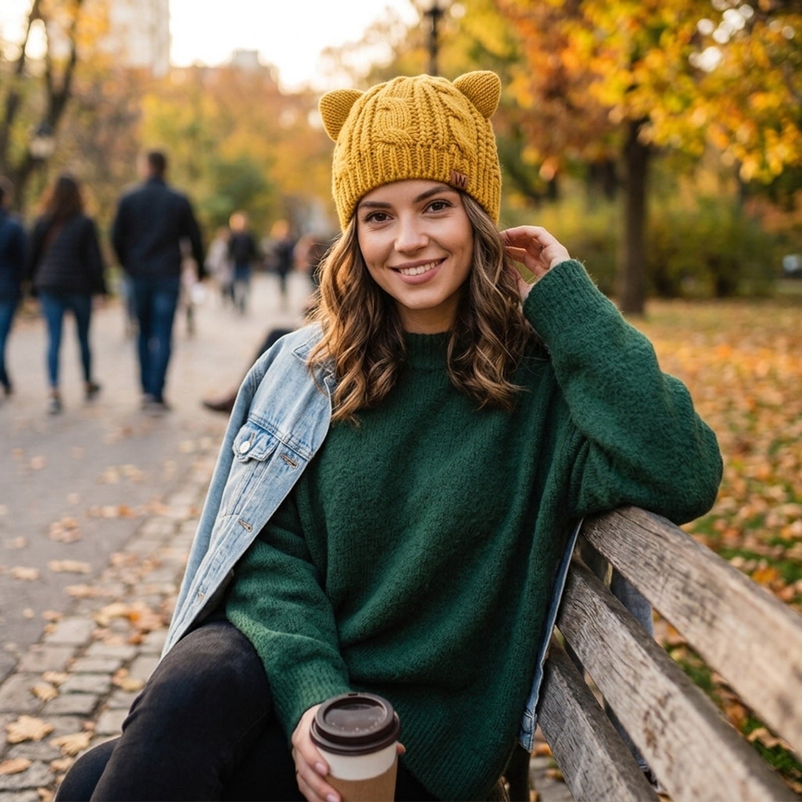 Wrapables Winter Warm Cable Knit Cat Ears Beanie, Yellow