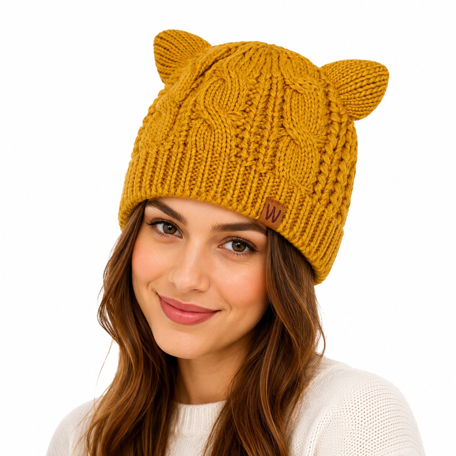 Wrapables Winter Warm Cable Knit Cat Ears Beanie, Yellow