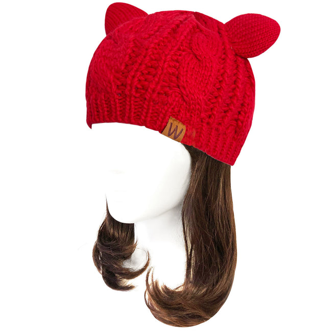 Wrapables Winter Warm Cable Knit Cat Ears Beanie, Red