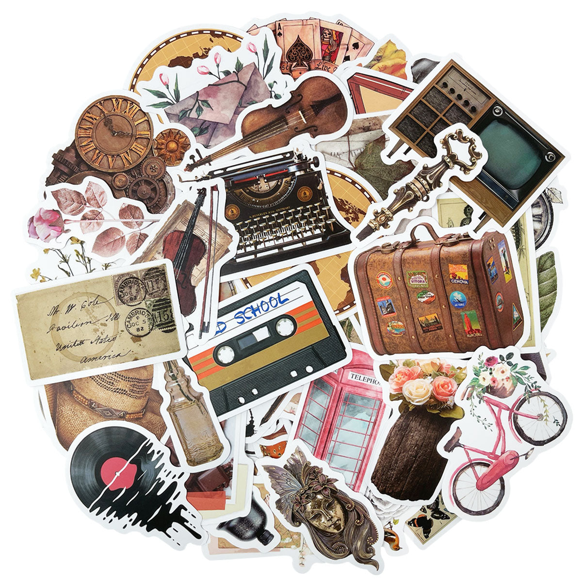 Wrapables Waterproof Vinyl Stickers for Water Bottles, Laptop, Phones, Skateboards, Decals for Teens, 100pcs, Vintage