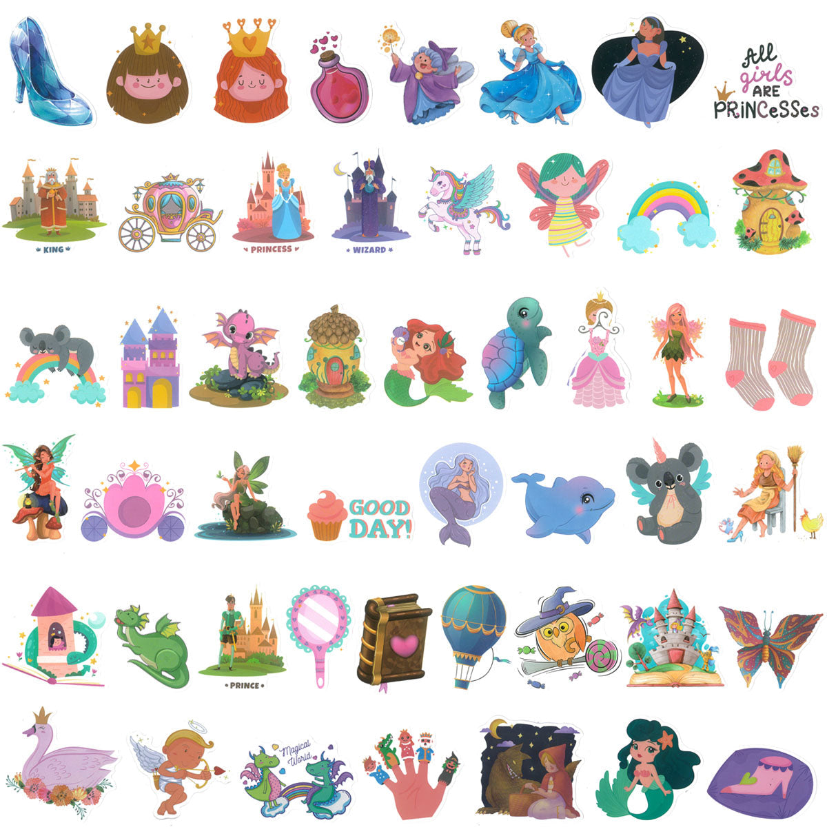 Wrapables Waterproof Vinyl Stickers for Water Bottles, Laptop, Phones, Skateboards, Decals for Teens, 100pcs, Fantasy Princess