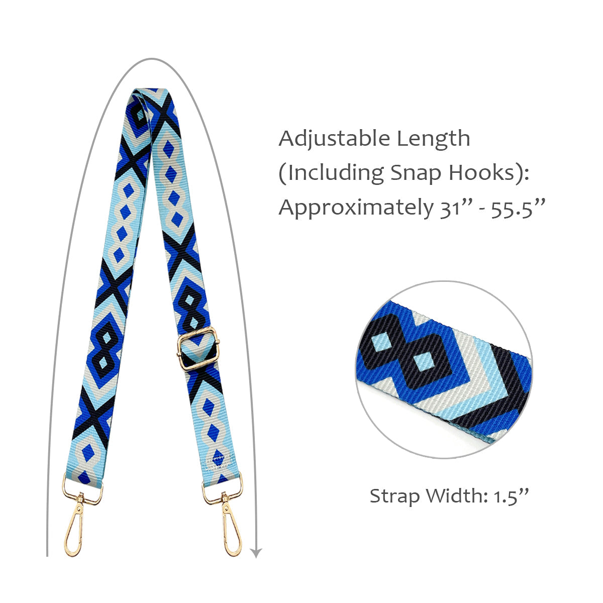 Wrapables Wide Adjustable Crossbody Handbag Strap, Women's Replacement Bag Strap for Purses, Sky Blue & Navy Diamonds