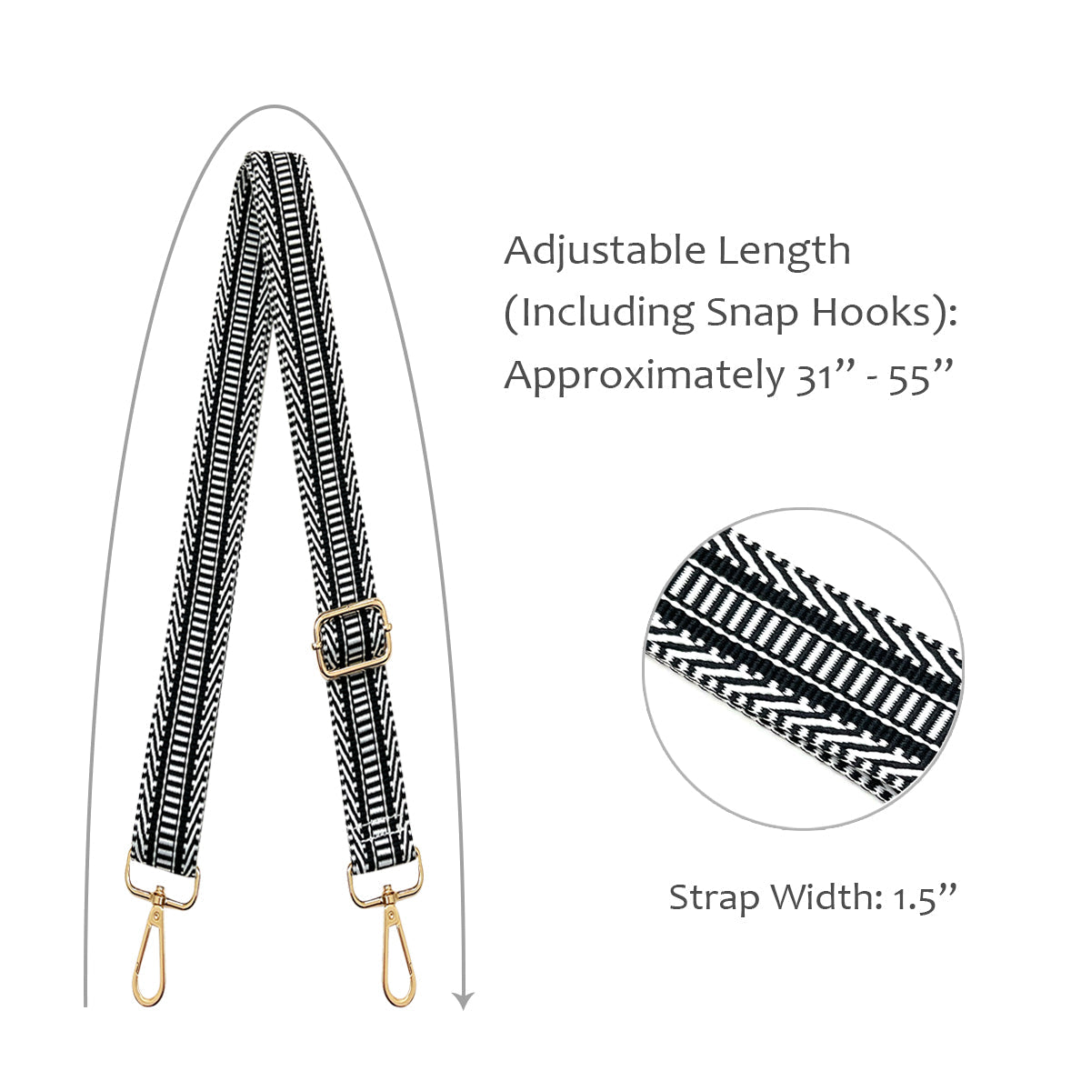 Wrapables Wide Adjustable Crossbody Handbag Strap, Women's Replacement Bag Strap for Purses, Black Stripes