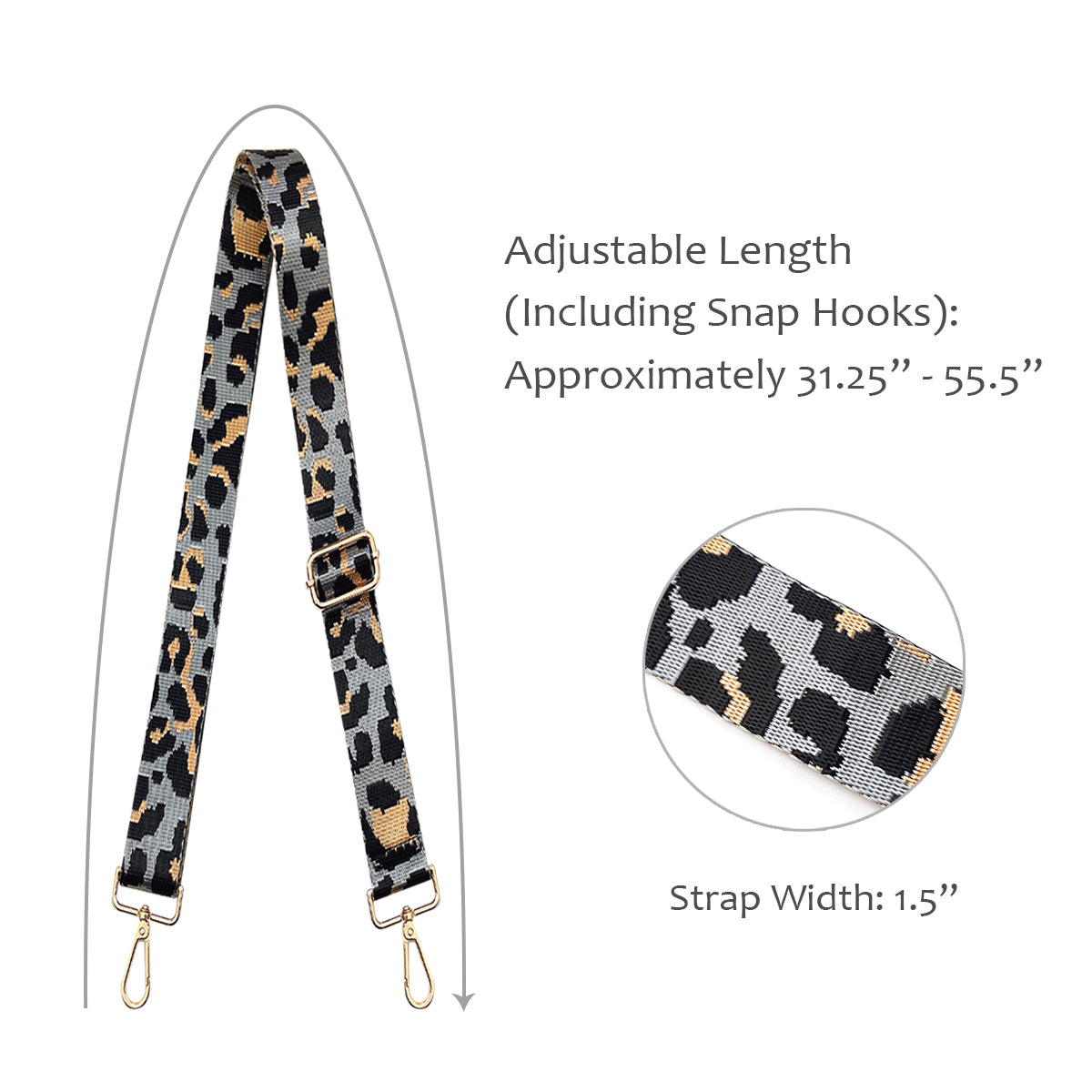 Wrapables Wide Adjustable Crossbody Handbag Strap, Women's Replacement Bag Strap for Purses, Gray Leopard Print