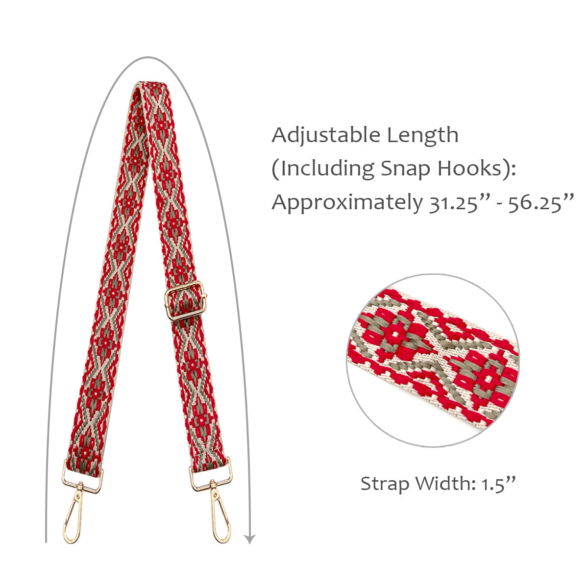 Wrapables Wide Adjustable Crossbody Handbag Strap, Women's Replacement Bag Strap for Purses, Red & Gray Deco