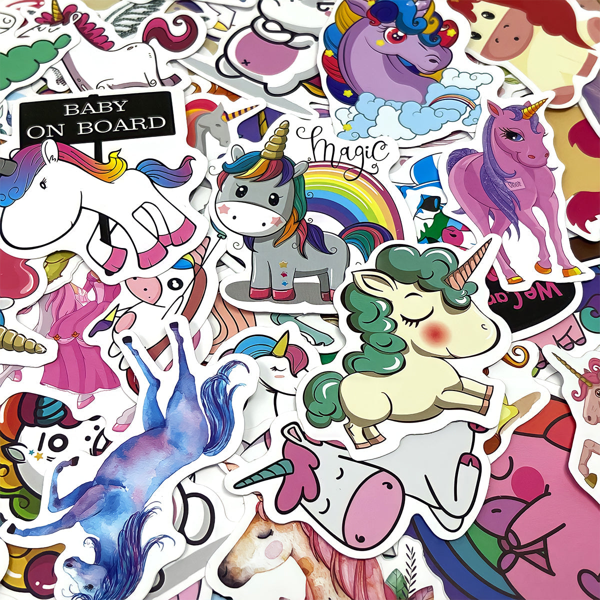 Wrapables Waterproof Vinyl Stickers for Water Bottles, Laptop, Phones, Skateboards, Decals for Teens, 100pcs, Unicorns