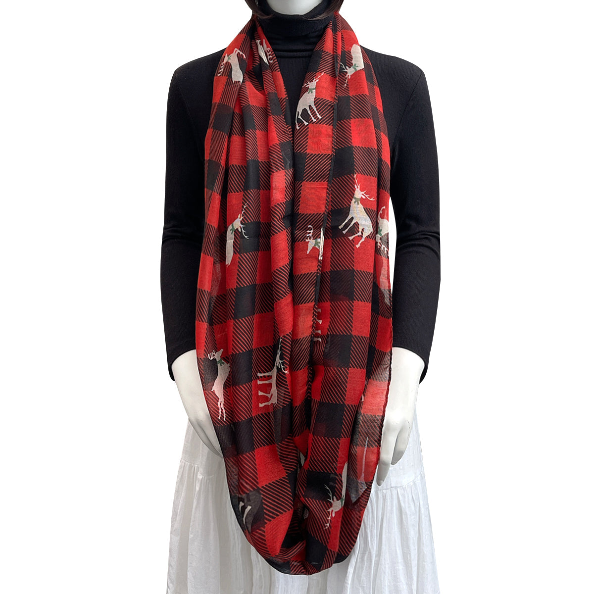 Wrapables Lightweight Winter Holiday Christmas Scarf, Reindeer Plaid Red